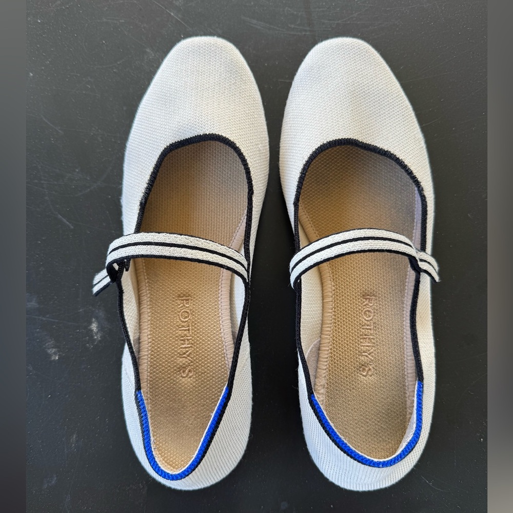 Rothy's Cream and Blue Mary Jane Flats
